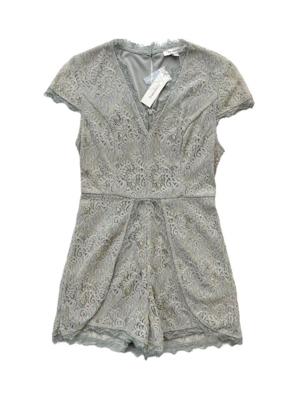 Francesca's Collections Lace V-Neck Short Romper - Gray